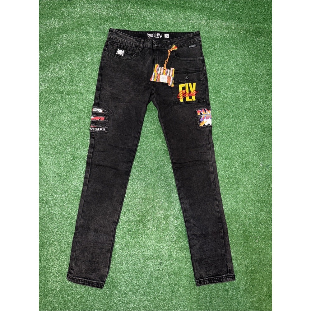 Born Fly Men's Jeans Size 30 Black Patch Art Design Distressed Skinny Fit Denim